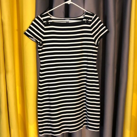 Chaps Womens Dress Size L Black White Stripe Short Sleeve Knee Length Stretch - Picture 1 of 8